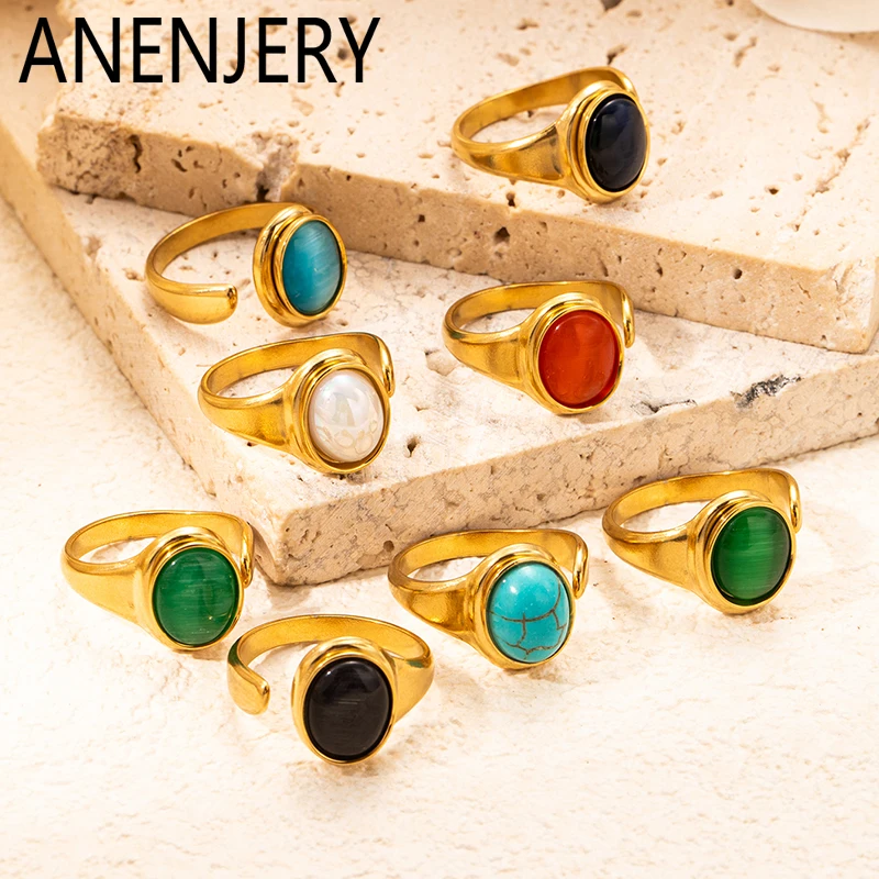ANENJERY 316L Stainless Steel Colorful Stone Ring for Women Men Simple Niche Design Jewelry Gifts Wholesale