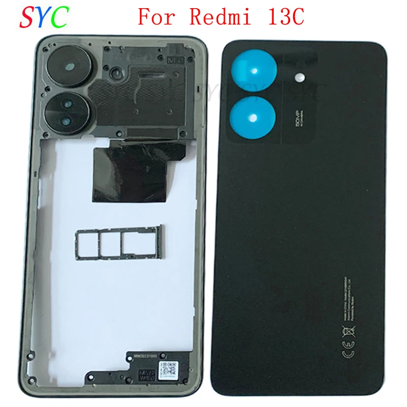 Sarung penutup baterai pintu belakang, pelindung belakang untuk Xiaomi Redmi 13C dengan rangka tengah baki kartu Sim suku cadang perbaikan Logo