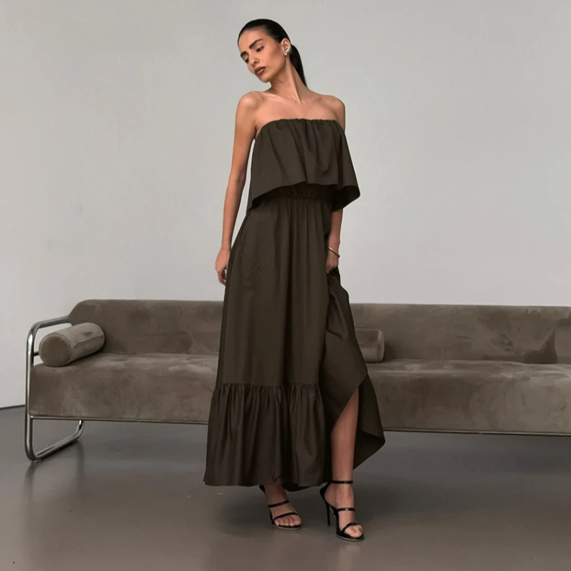 

Новое модное французское элегантное платье без бретелек с оборками для женщин, однотонное, повседневное, элегантное, для работы, длинное, коллекция Весна/Лето 2026