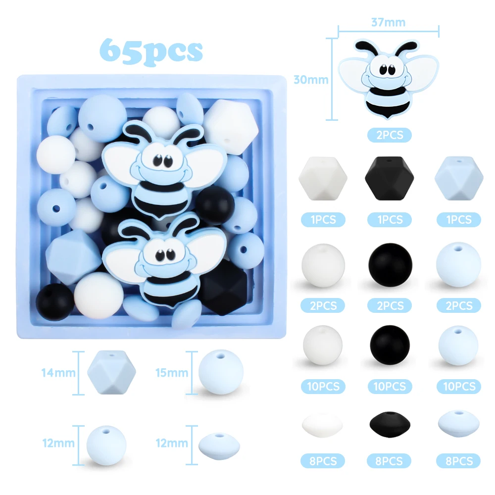 65Pcs/Set honeybee Silicone Beads Baby Hexagon Round Teething Beads Teether Set DIY Pacifier Chian Jewelry Nursing Accessory