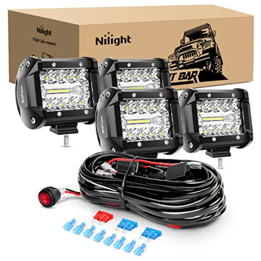 - ZH416 4PCS 4Inch 60W Triple Row Flood Spot Combo 6000LM LED Pods Light Bar Driving Boat Led Off Road Lights with 16AWG Wiring