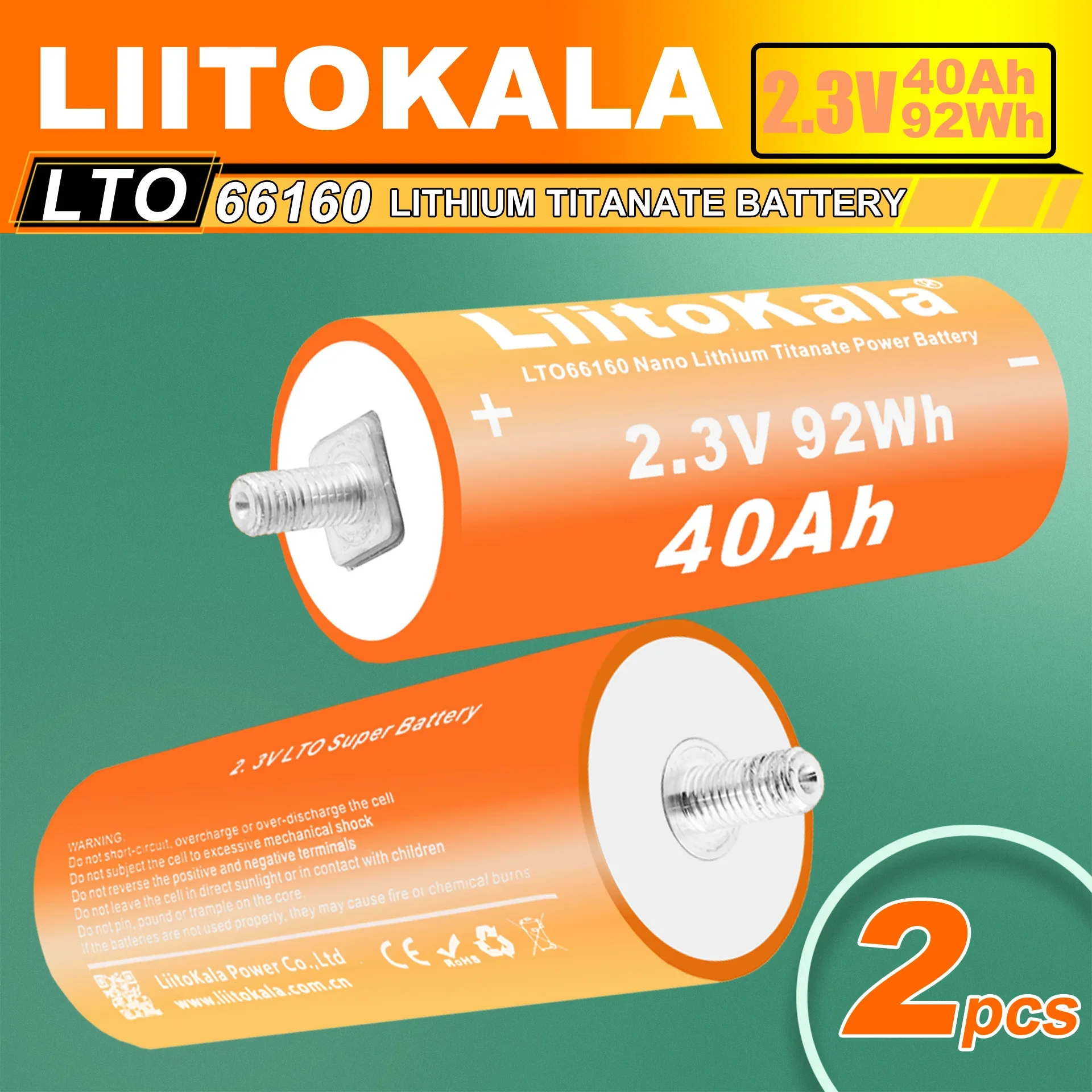 

2 шт. LiitoKala 2,3 В 40 Ач LTO 66160 литий-титанатный аккумулятор 10C автомобильная аудиосистема солнечная система
