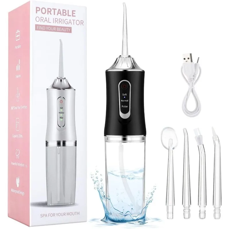 Oral Irrigator Portable USB Rechargeable Dental Water Flosser Water Jet Floss Tooth Pick 4 Jet Tip 220ml 3 Modes IPX7 Waterproof