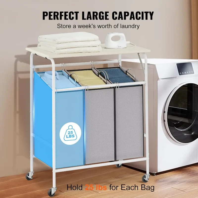 3-Section Laundry Sorter Cart with Ironing Board, Laundry Hamper with Heavy Duty Lockable Wheels and 3 Removable Bag