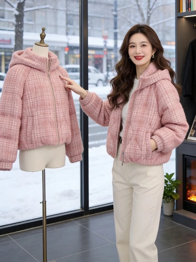 

Pink Plaid Hooded down Cotton Jacket Women's Thick Warm Outerwear Korean Style Loose Fit Long Sleeve Zipper Closure Coat