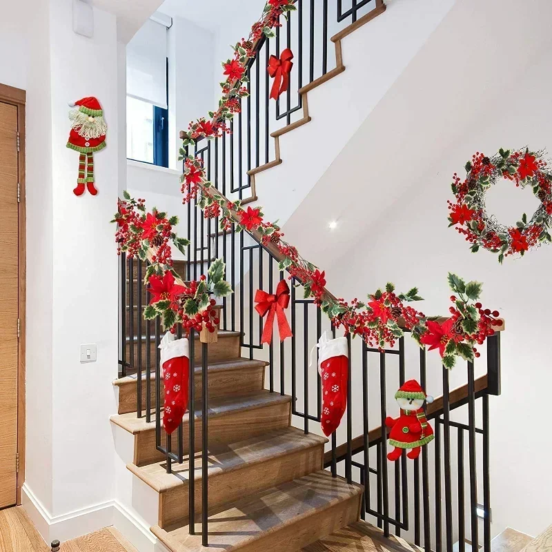 Guirlande de noël 2M avec lumière, baies rouges artificielles, feuilles de houx, vigne de lierre, couronne en rotin pour ornement d'arbre de noël, décorations pour la maison