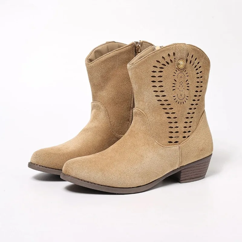Western Style Round Toe Ankle Boots Suede Material Side Zipper Brogue Detailing Casual Low Heel Women Daily Fashion Boots