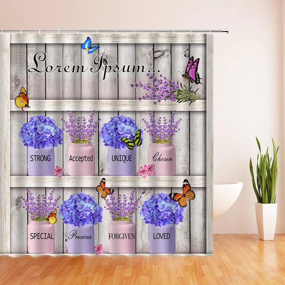 

Lavender Shower Curtain Rustic Barn Plank Purple Flower Butterfly Daisy Clock Style Bath Curtains Bathroom with Hooks Screens