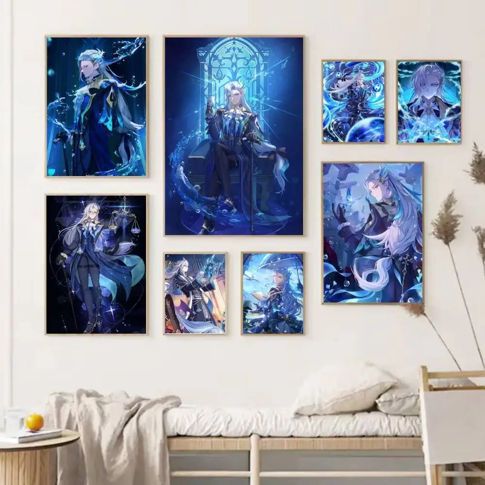 Game Genshin Impact Neuvillette Poster Self-adhesive Art Waterproof Paper Sticker Coffee House Bar Room Wall Decor