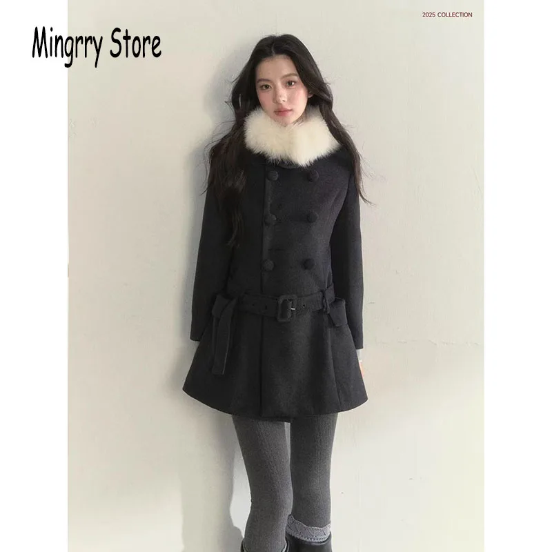 الفرنسية الحلو كلية نمط معطف الصوف المرأة مزدوجة الصدر ضئيلة منتصف طول معطف 2025 الشتاء الكشمير سترة دافئة ملابس خارجية معطف #4