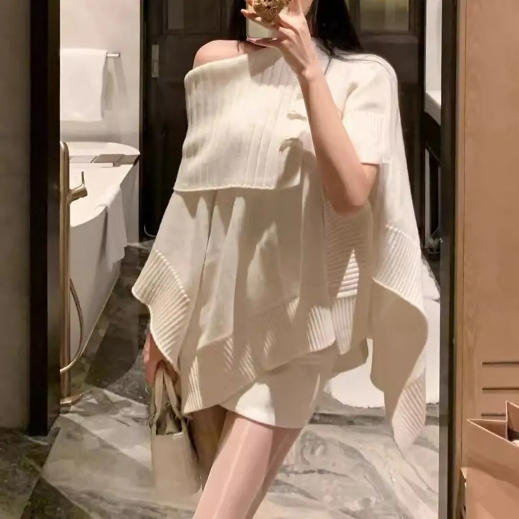 

Women's White Off-Shoulder Cloak Sweater Lazy Style Loose Knitted Outerwear Blouse Coat Top for Autumn Winter
