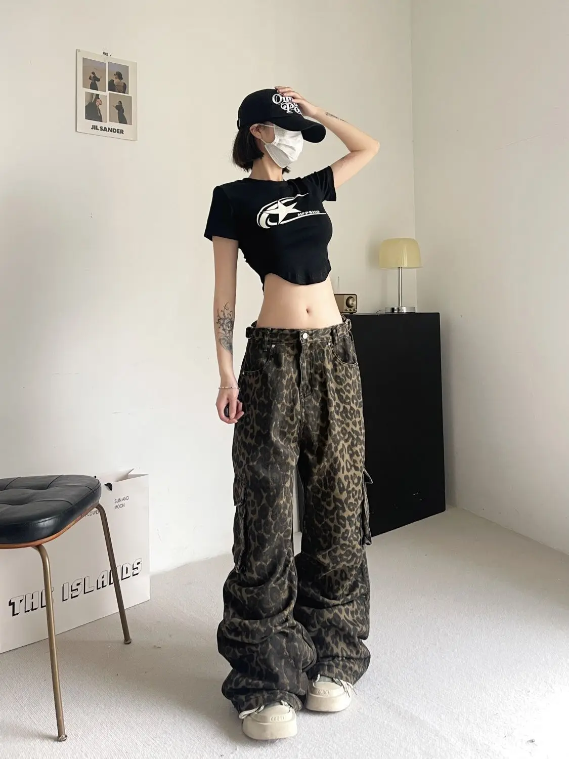 Unisex Jeans 2025 Autumn Retro Leopard Print Cargo Pants Women's Niche Design High Waist Wide Leg Loose Casual Trousers