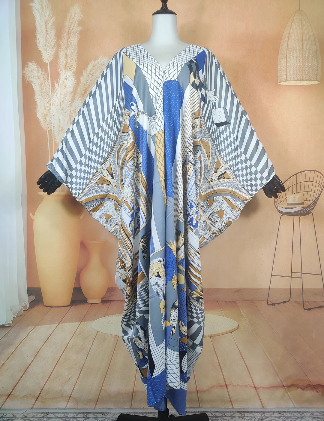 

Europe Women Fashion Summer Boho V-Neck Silk Printed Kaftan Dress женская одежда из Турции Oversize African Lady Vacation Outfit