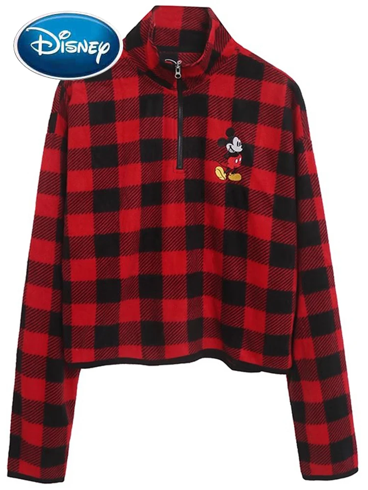 

Disney Plaid Sweatshirt Mickey Mouse Cartoon Print Embroidery Fashion Women Stand Collar Zip Pullover Crop Blouse Top Streetwear
