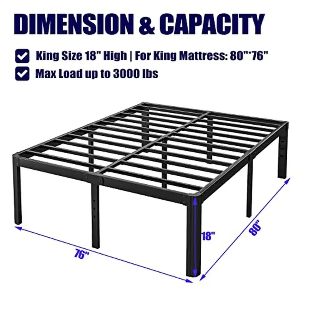 18in Heavy Duty King Platform Bed Frame Noise Free Metal Bed Frame King Mattress Support Storage Space Easy Assembly Sturdy &