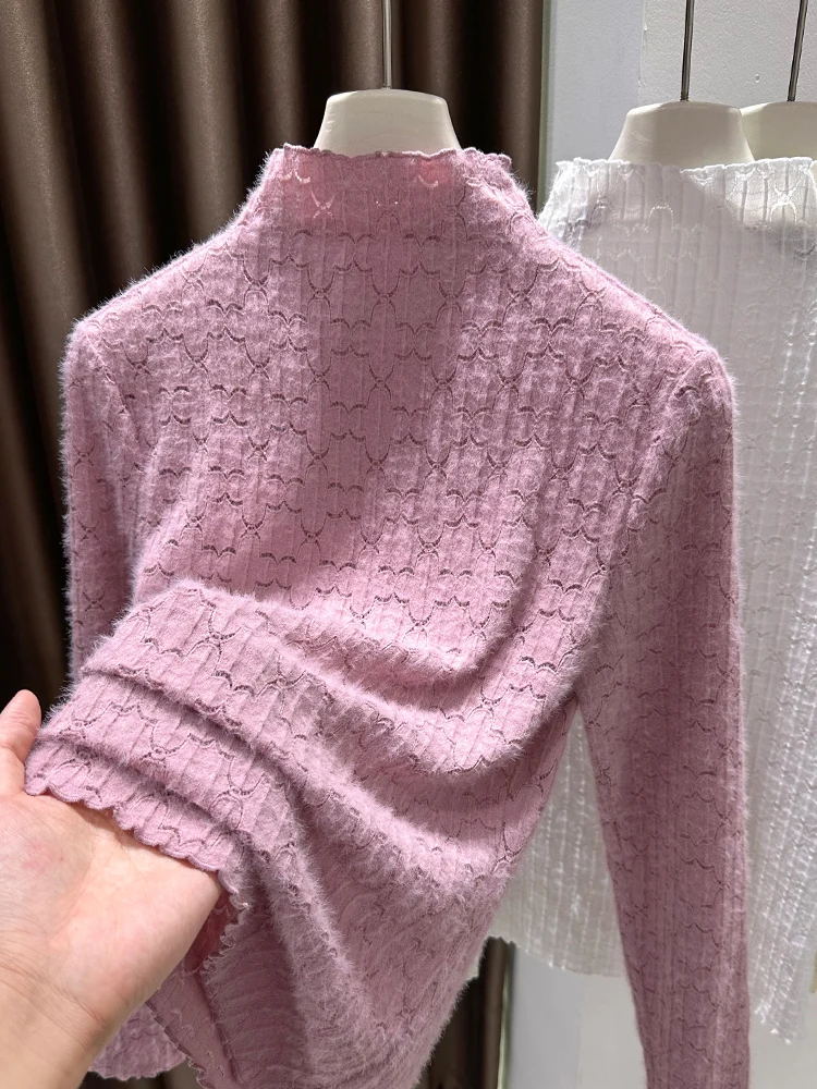 

Нежно-розовая кружевная женская базовая кофта с высоким воротником, осенне-зимняя, утепленная, комфортная, пушистая, для ношения под одеждой