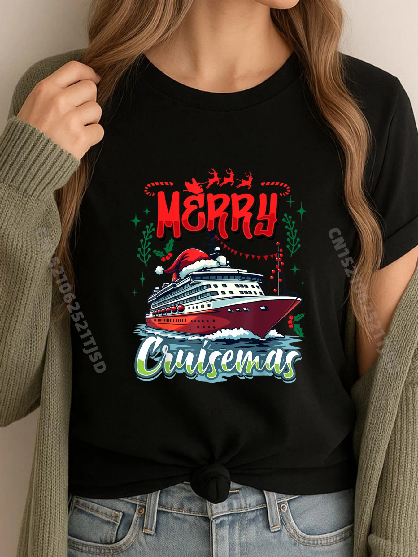

Рождественский круиз Веселые круиза Санта-Клаус Круизный корабль Женские футболки Высокое качество Распродажа Нового года