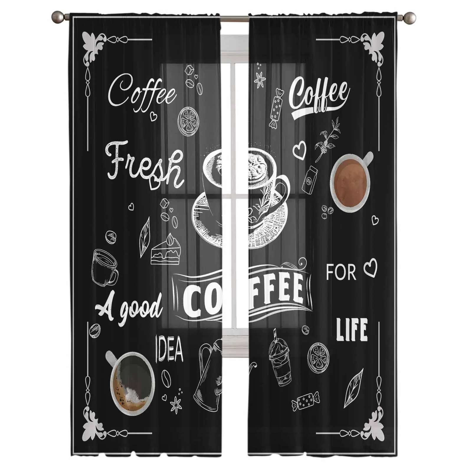 Coffee Coffee Beans Cup Tulle Curtain for Living Room Bedroom Window Treatment Sheer Voile Curtain Kitchen Drape