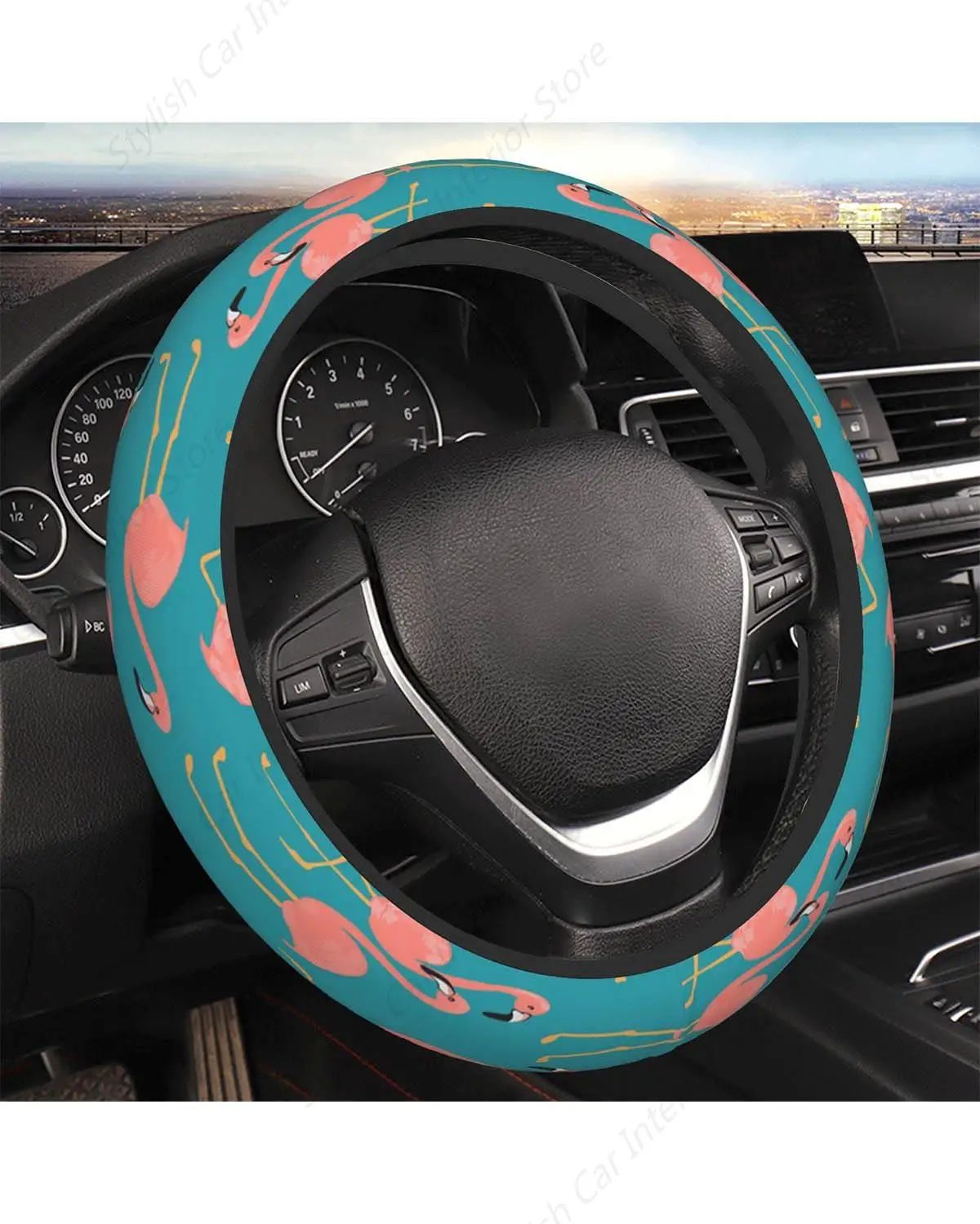 Steering Wheel Cover In Diameter Pink Flamingo Pattern Series Made Of Neoprene Easy To Install Wear Resistant And Non Slip