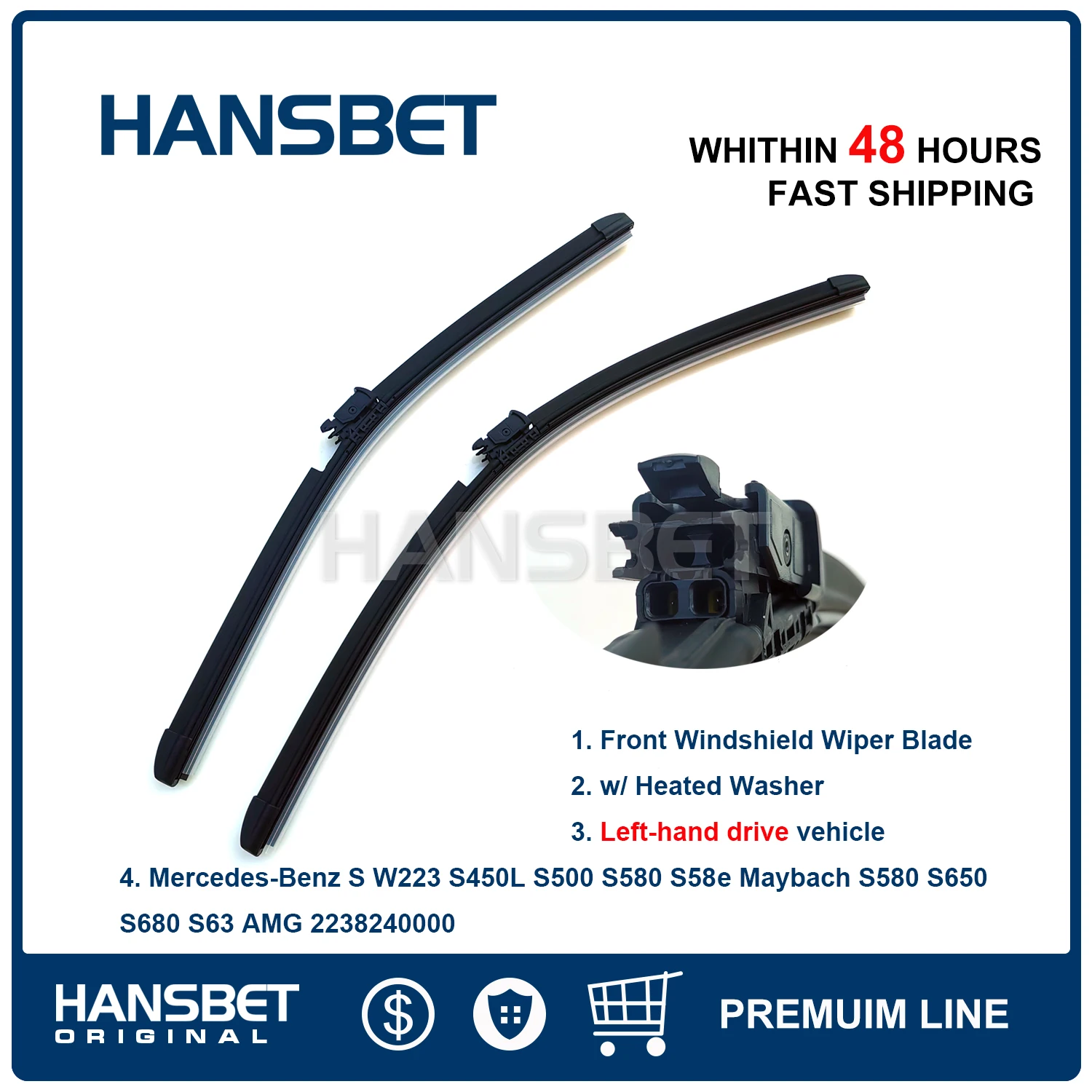 Front Window Windshield Wiper Blade Set w/ Heated Washer For Mercedes S W223 S450L S500 S580 S58e Maybach S580 S650 S680 S63 AMG