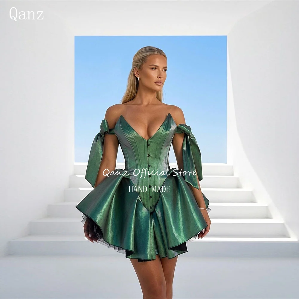 

Qanz Sexy Mini Prom Dress Bow Straps Green Shiny Satin Birthday Dresses For Woman Short A Line Vestido De Festa Customized