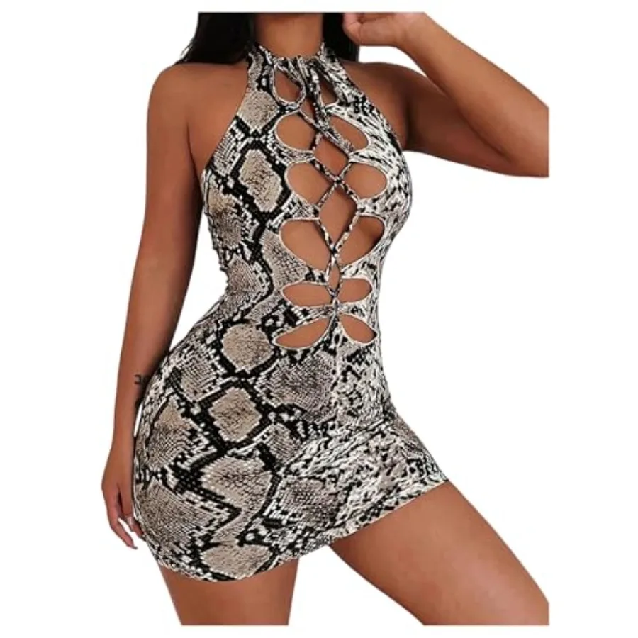 

SHENHE Women's Sexy Bodycon Cut Out Halter Mini Dress Animal Print Backless Club Party Dress
