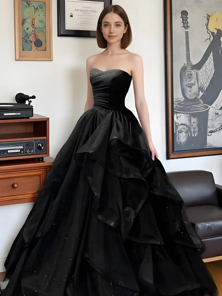 

Beshinel Customized Black Strapless Tiered Draped Prom Gowns 2025 Elegant Wedding Party Dresses Formal Occassion Ball Gown