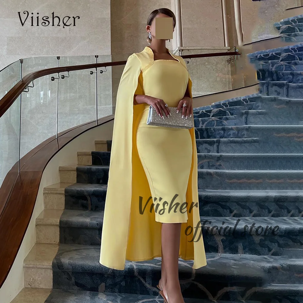 

Viisher Yellow Satin Mermaid Evening Dresses with Jacket Arabic Dubai Formal Prom Dress Tea Length Evening Gowns