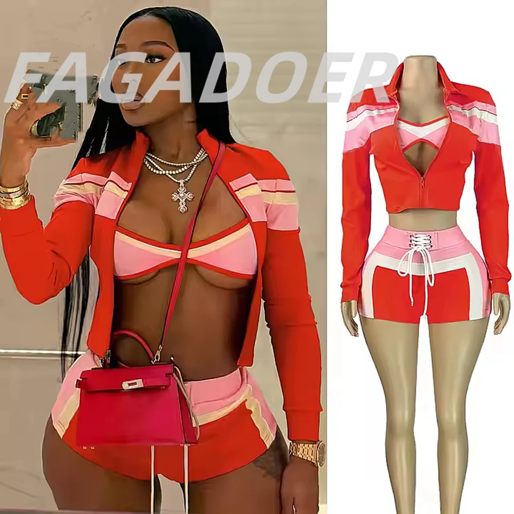 

FAGADOER Sexy Sport 3 Pieces Set for Woman Color Block Long Sleeves Jacket + Tanks Top and Shorts Matching Female Beach Swimsuit
