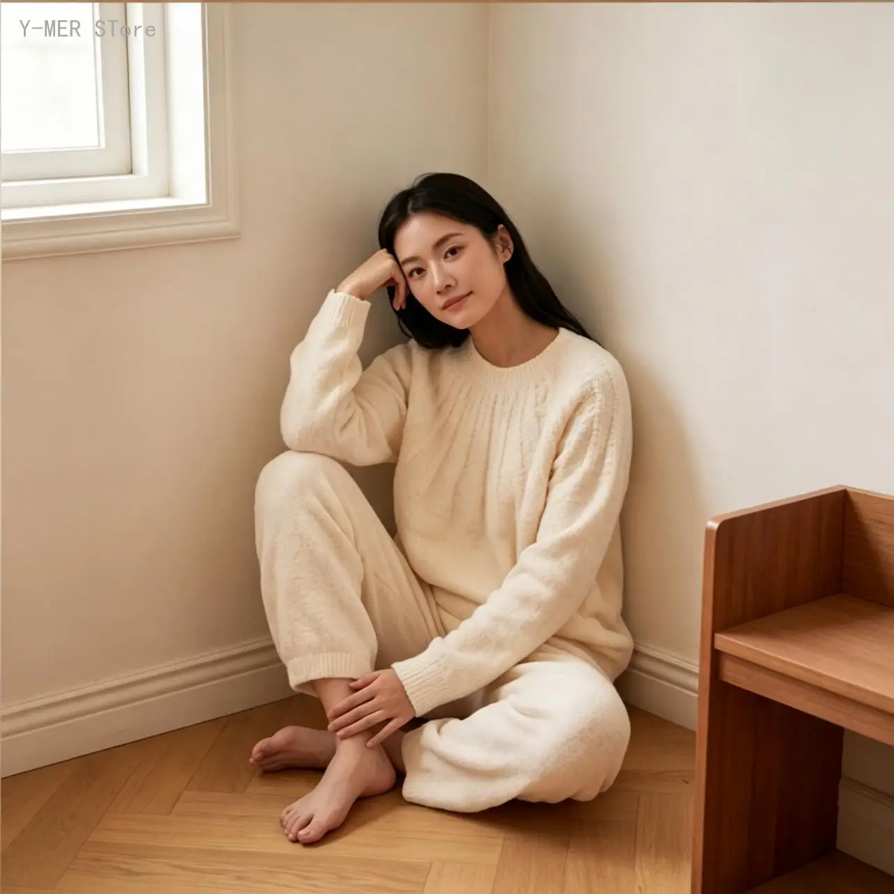 Women Solid Color Soft Pajama Set Autumn Winter Embossed Raglan Sleeve Pullover Cuffed Pants Ladies Homewear Sleepwear
