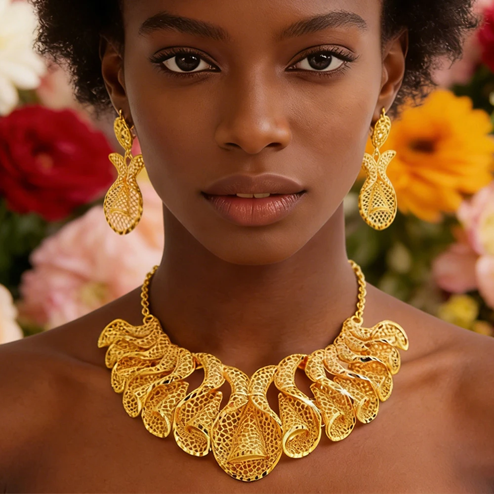 

Африканские украшения: роскошный комплект из ожерелья и серег в дубайском стиле для женщин, золотистый дизайн, свадебные подарки, украшения для вечеринок