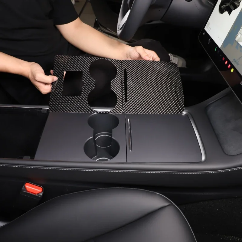 

For Tesla Model 3 Y 2021- 2022 Carbon Fiber Sheet Car Center Console Cup Holder Cover Trim Sticker Interior Car Accessories