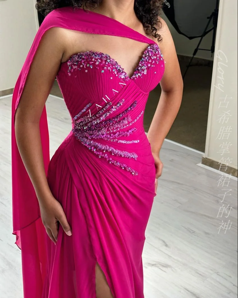 Sweetheart Prom Dresses Shawl Off Shoulder Hot Pink Evening Dress Beading Chiffon Long 2024 Formal Wedding Party Dress Gala