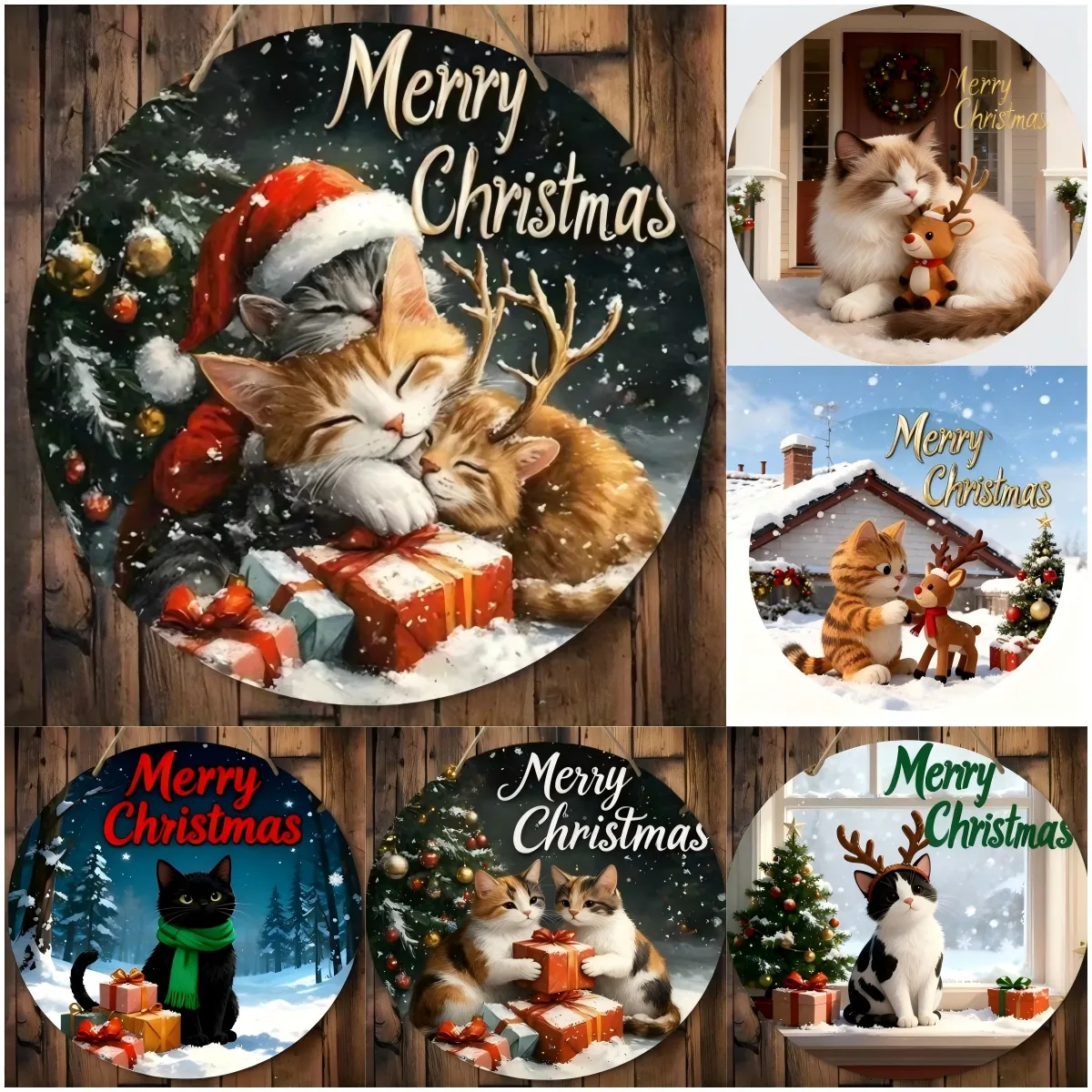 Rundes 2D-Holzschild „Merry Christmas“, süßes Katzen- und Rentiermuster, Wanddekoration aus Holz für Zuhause, Veranda, Zimmer