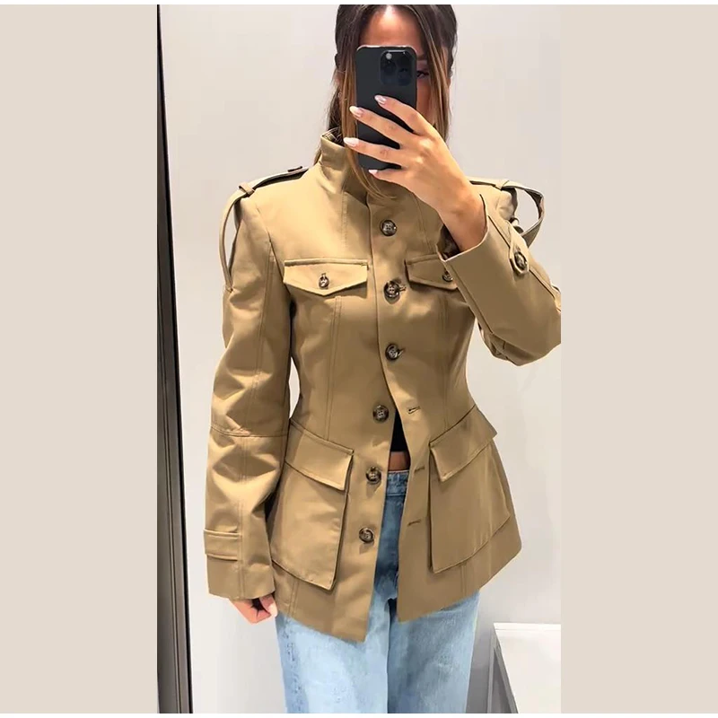 

Pocket Stand Collar Long Sleeves Jacket Woman Single Breasted Solid Color Waist Cinching Jackets Versatile Women's New Jackets