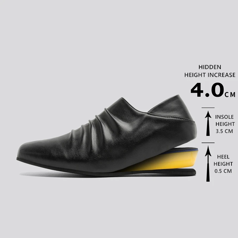 Retro Men Pleated Square Toe Birken Leather Shoes Hidden 4cm Elevator Shoes Trendy Party Wedding Dress Height Increase Shoes