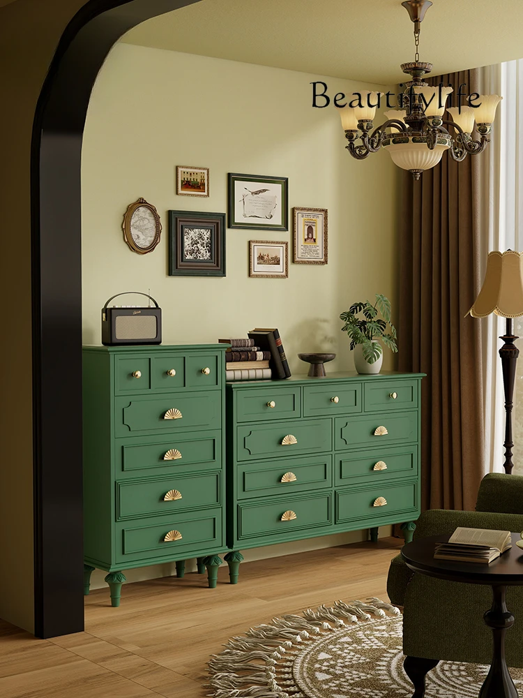 American retro green nine-chest cabinet solid wood living room entrance bedroom bedside chest against  wall medieval furniture