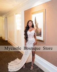 Aso Ebi White Beaded Lace Prom Dress For Black Girls 2024 Crystals Birthday Party Dress High Slit Mermaid Evening Dresses