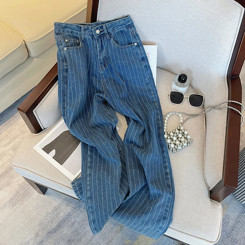 Vintage Striped Jeans Women Pearl Beaded Baggy Jeans Y2K Harajuku Loose Casual Denim Pants Trendy Love Pattern Pocket Jeans Girl