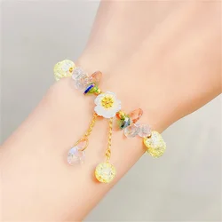 Elegant Fashion Flower Crystal Beaded Bracelets For Women Charm Shell Daisy Floral Beads Tassel Elastic Bracelet Jewelry Gifts