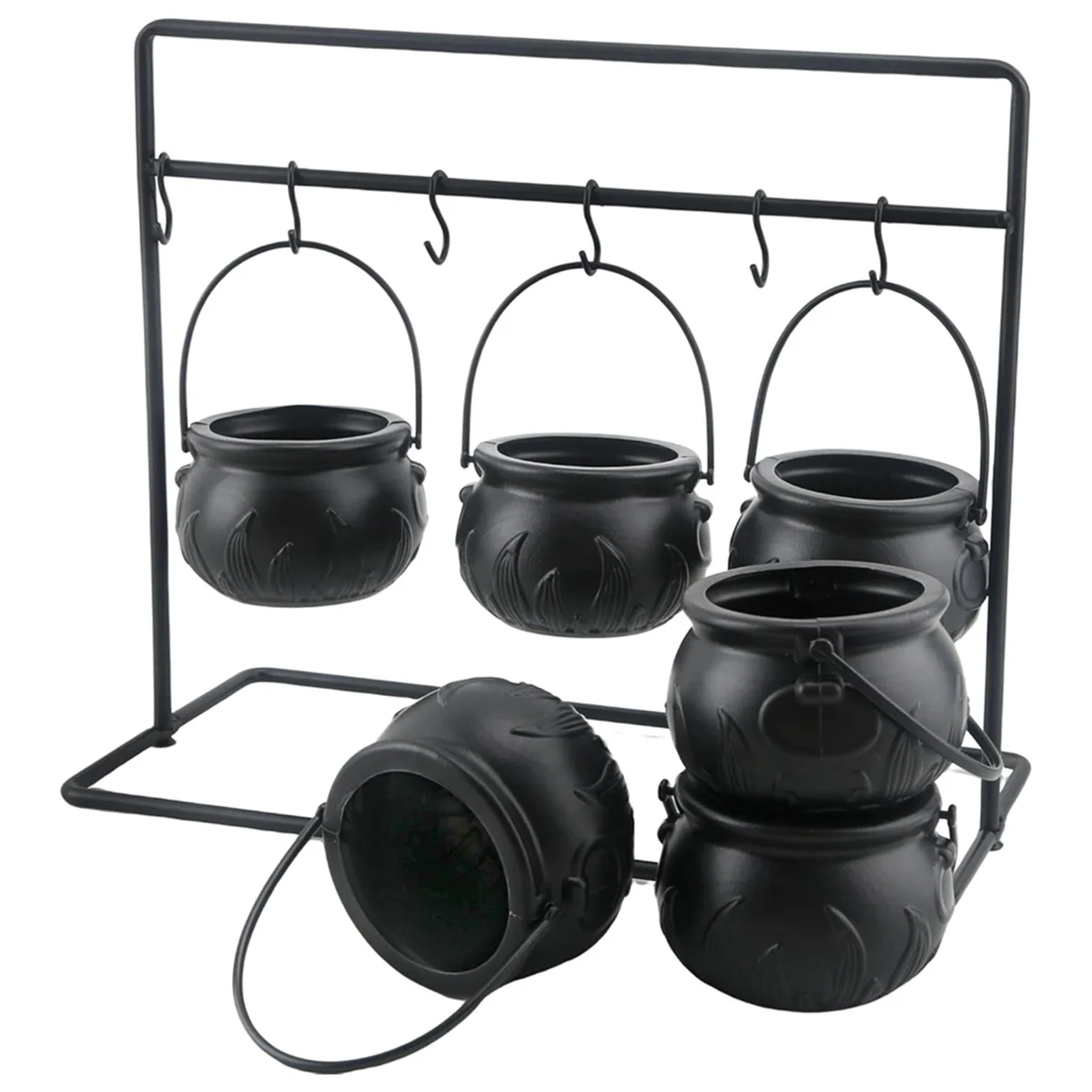 6Pcs Halloween Witch Cauldron Candy Bowl Cauldron Serving Bowls with Halloween Cauldron on Rack and 6Pcs Hook