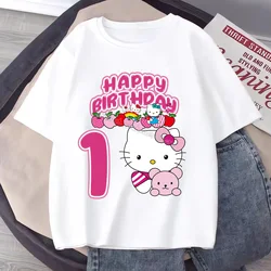 Hello Kitty T-shirt for Children Sanrio Birthday Numbers White T-shirt Cute Cartoon Short Sleeve Girl Loose Clothing Kids Gift