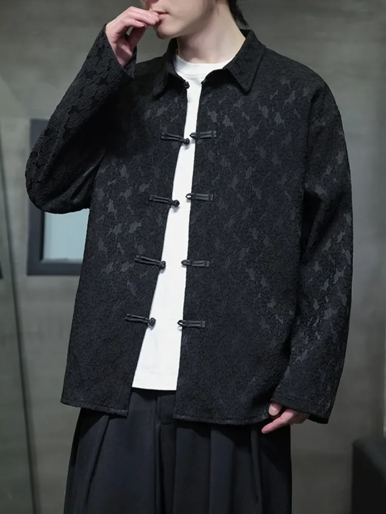

New Chinese Style Long Sleeve Shirt Men's Spring Autumn Style Dad Clothes Outerwear Embroidered Button Hanfu Tang Costume
