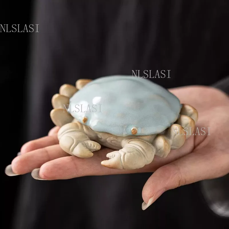 Celadon Ceramic Crab Tea Pet Figurine Realistic Design Lucky Crustacean Statue for Kung Fu Tea Table and Feng Shui Decor