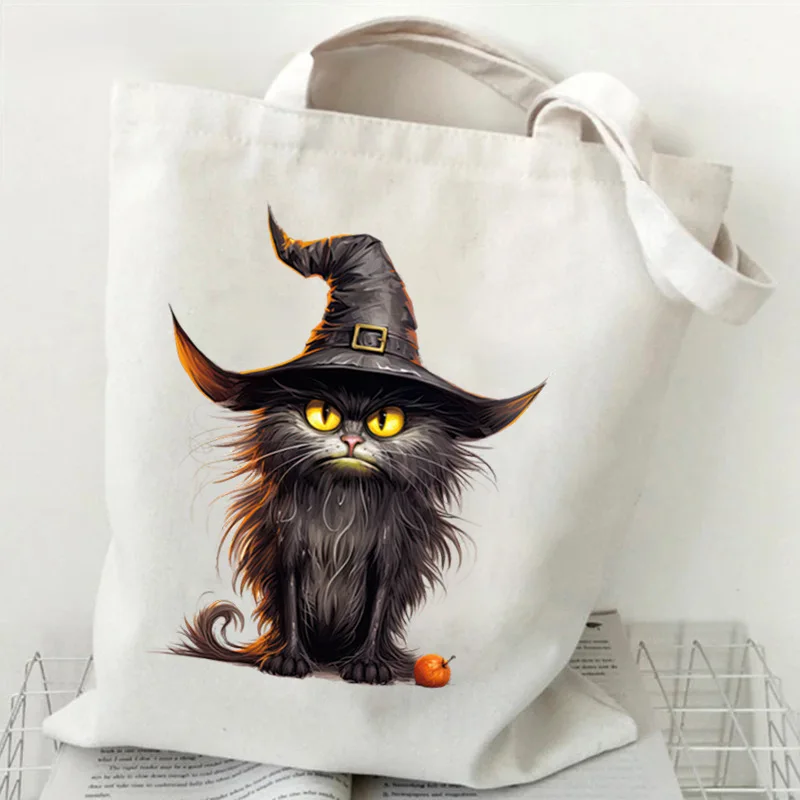 

Модные сумки с котом колдовства для женщин, сумка-шоппер с милым котом, сумка-тоут в стиле Хэллоуина, мультяшный котенок, женская и мужская парусиновая сумка на плечо