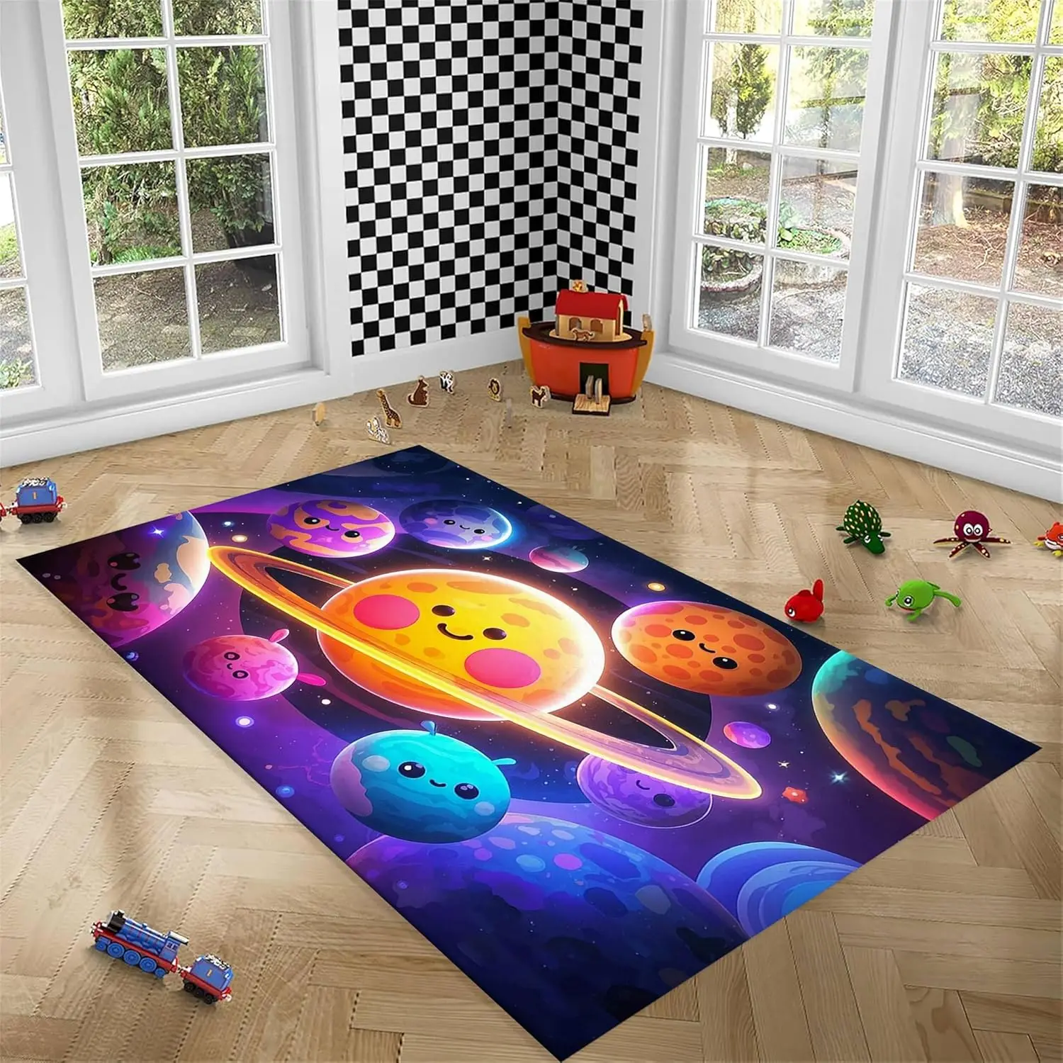 Outer Space Planet Theme Rugs,5x7ft Kids Galaxy Solar System Rugs Cartoon Floor Mats for Bedroom, Living Room and Playroom