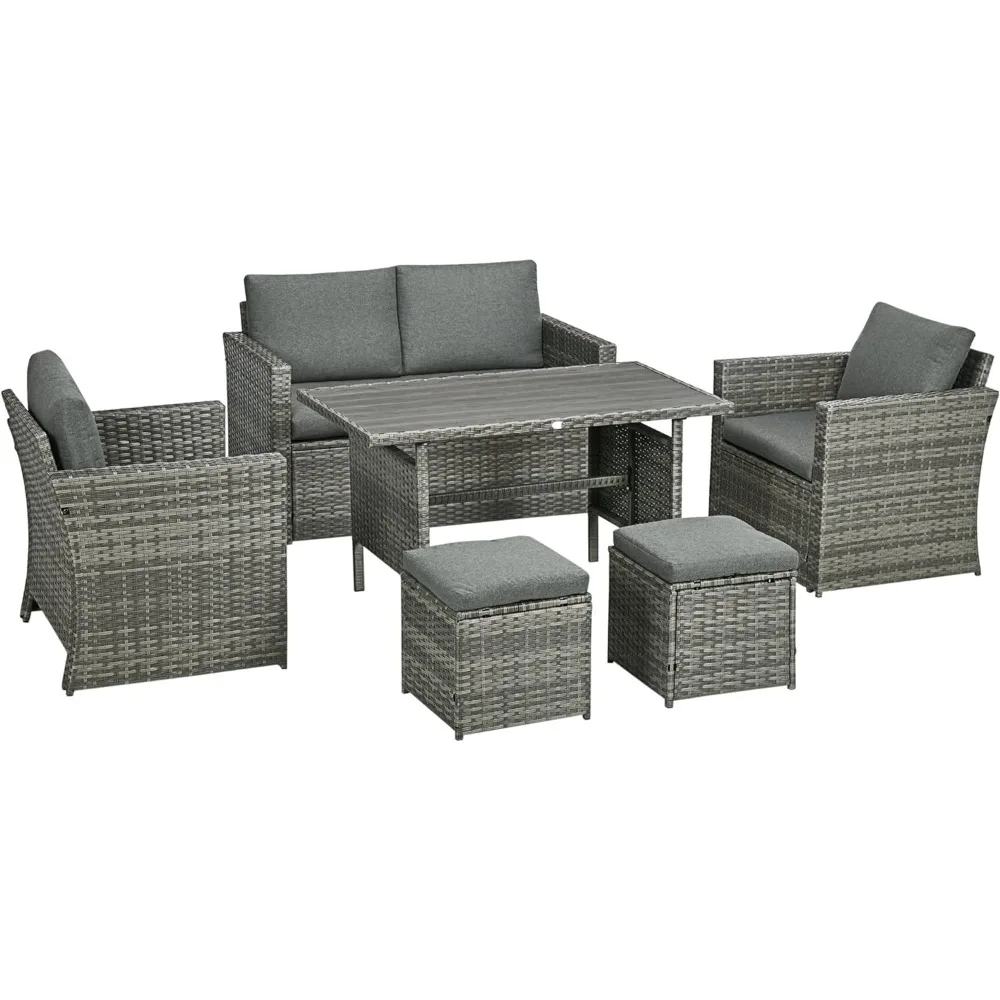 

Garden Furniture 6 Piece Patio Dining Set PE Rattan Furniture Set With 2 Chairs Cushions & Outdoor Loveseat Sofa Gray Sets Couch