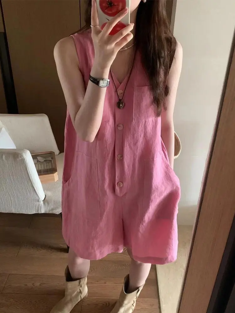 2026 Summer New Japanese Style Textured Hot Pink Linen Jumpsuit Women V Neck Sleeveless Wide Leg Shorts Romper2026 Summer New Ja