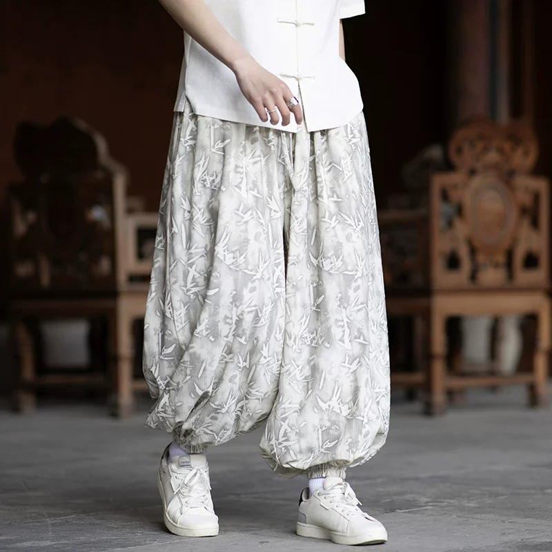 

New Chinese Style Summer Thin Pants Men Ankle Lenght Pants Man Bamboo Pattern Bottoms Male Breathable Lightweight Casual Pants