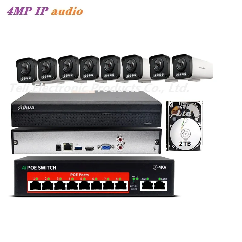 عالية الجودة CCTV 8 نظام الكاميرا 4mp للرؤية الليلية الصوت 8-port Poe التبديل NVR H265 2 تيرا بايت CCTV كاميرا IP خارجية